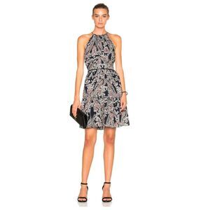 L'AGENCE Alyse Navy Blue Coral Paisley 100% Silk A-Line Tiered Mini Dress Size 6